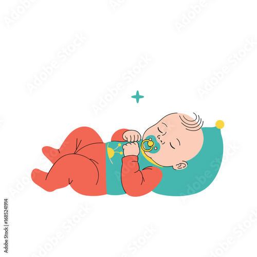 Adorable newborn baby sleeping peacefully with pacifier on a teal pillow