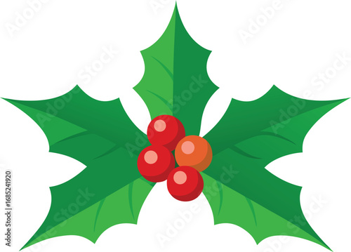 Holly berry icon. Christmas symbol berry leaves isolated on transparent background