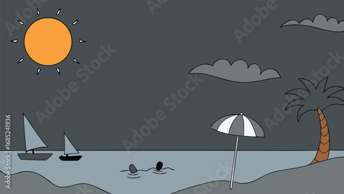 Moody Beach Scene With Silhouette Palm Tree And Sailboats Under Cloudy Sky ocean water