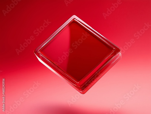 Minimalist deep red geometric square object with glossy reflective surfaces on a red