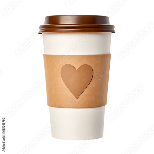 To go coffee cup with heart design isolated on white background