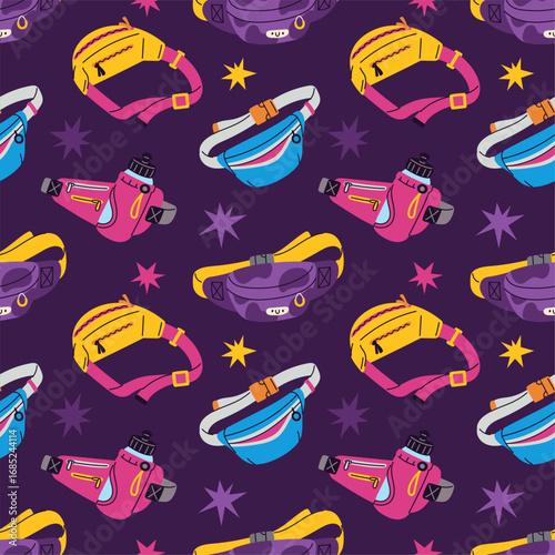 Waist bag seamless pattern. Repeated color accessories, trendy outfit elements with pockets, carrying items, keys, textile, wrapping paper, wallpaper. Print for fabric garish vector background