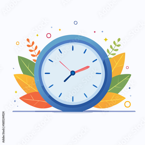 Colorful Flat Design Clock Surrounded by Autumn Leaves