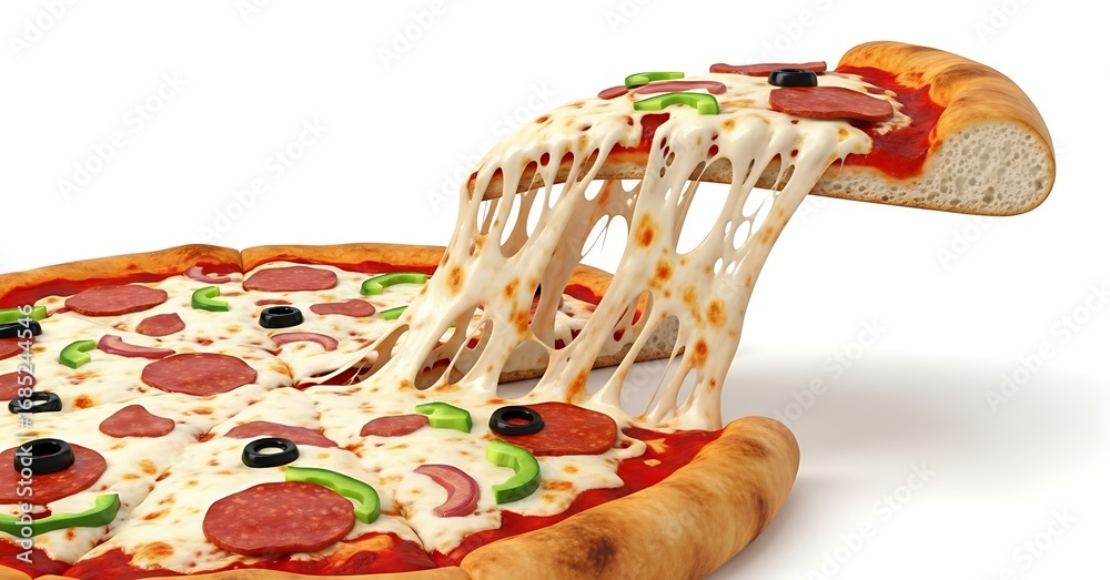 Fototapeta premium Delicious pepperoni and sausage pizza with stretchy melted cheese