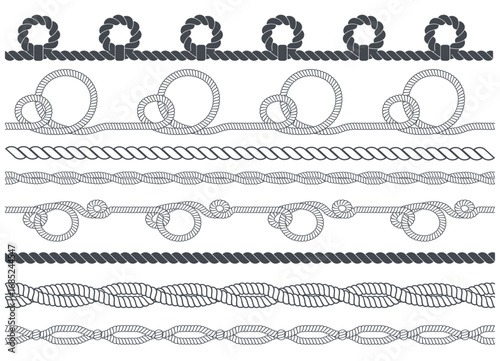 Navy ropes borders. Curved marine cords with loops and knots, nautical monochrome silhouettes, straight and wavy, twisted lasso and ribbon bow, seamless decorative splendid vector isolated set