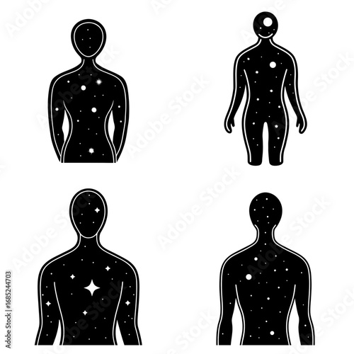 Set Of Galaxy Double Exposure Human Body Silhouette Vector 