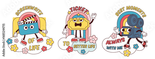 Funny cinema stickers. Retro movie characters, with inscriptions, film emblems with mascots, golden ticket, flapper, camera, vintage video groovy print, garish vector cartoon isolated set