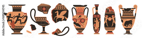 Cracked ancient greek pottery. Broken traditional vases with decorative ornaments, ceramic amphorae fragments and parts. Historical crockery cartoon flat style isolated tidy vector set