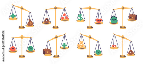 Cartoon weighing elements. Judicial scales with bowls, balance and outweighing, mechanical device, weight determination, love, money and work, cartoon flat isolated garish vector set