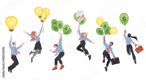 Business people flying on air balloons. Ideas and money symbols, men and women, office dress code, dollar sign, light bulbs, finance and Innovation cartoon flat isolated tidy vector set