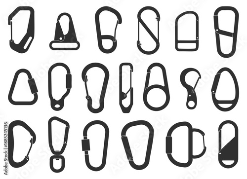 Carabiner silhouettes. Climbing equipment black icons, alpinist metal carbines, clasps, safety tools, extreme sport and tourism, mountaineering and hiking accessory, qualitative vector set