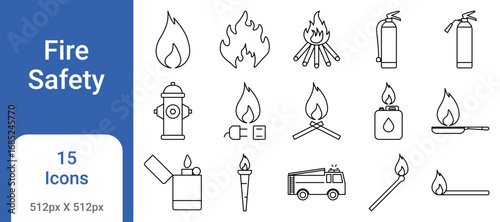 Fire Safety Icon Set – Flame, Hydrant, Extinguisher, Torch, Match, Lighter, Fire Engine Icons
