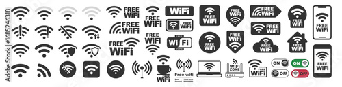 Free Wi-Fi icons. Wireless internet connection symbol set for public zones on transparent background