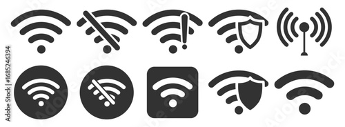 Wi-Fi icon set, wireless signal symbols, internet connection, hotspot, mobile network, communication sign on transparent background.