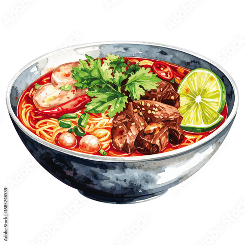 Watercolor Illustration of Bún Bò Huế – Traditional Vietnamese Spicy Beef Noodle Soup