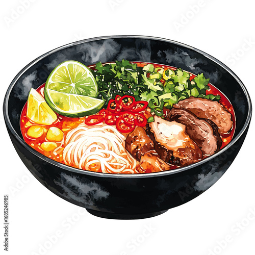 Watercolor Illustration of Bún Bò Huế – Traditional Vietnamese Spicy Beef Noodle Soup