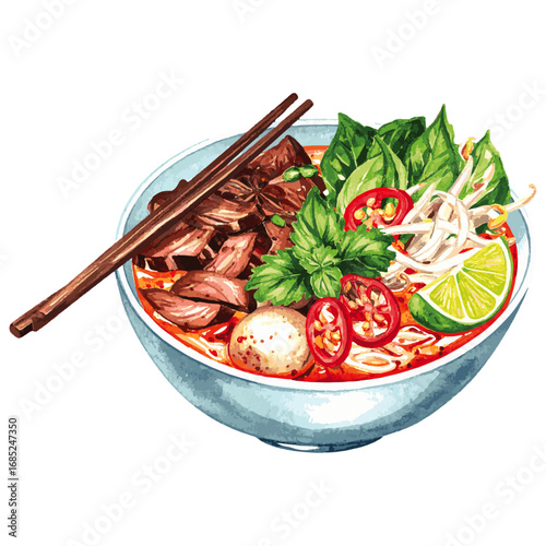 Watercolor Illustration of Bún Bò Huế – Traditional Vietnamese Spicy Beef Noodle Soup