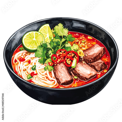 Watercolor Illustration of Bún Bò Huế – Traditional Vietnamese Spicy Beef Noodle Soup
