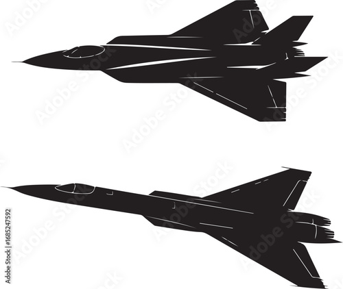 Two black silhouette fighter jets flying against a white background airplane aircraft