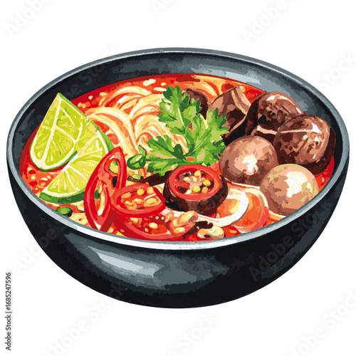 Watercolor Illustration of Bún Bò Huế – Traditional Vietnamese Spicy Beef Noodle Soup