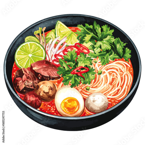 Watercolor Illustration of Bún Bò Huế – Traditional Vietnamese Spicy Beef Noodle Soup