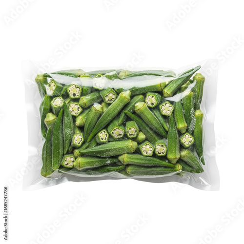 Photo of a clear plastic bag filled with frozen okra pods, isolated on a transparent background, showcasing the vibrant green color and fresh appearance of the vegetables, ready for cooking