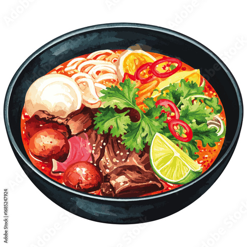 Watercolor Illustration of Bún Bò Huế – Traditional Vietnamese Spicy Beef Noodle Soup