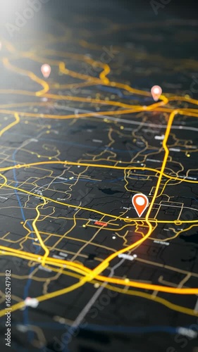 Digital map view with highlighted routes and location markers  