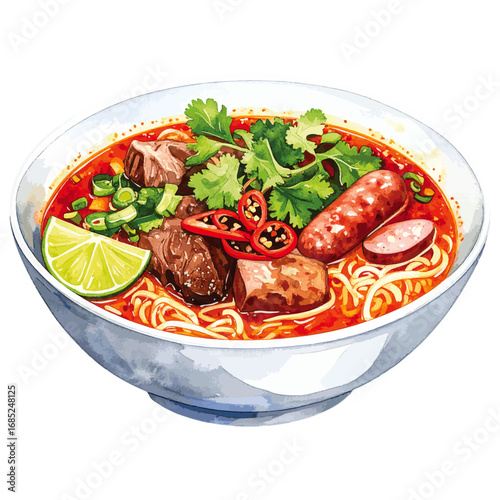 Watercolor Illustration of Bún Bò Huế – Traditional Vietnamese Spicy Beef Noodle Soup