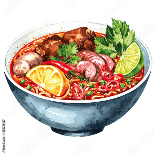 Watercolor Illustration of Bún Bò Huế – Traditional Vietnamese Spicy Beef Noodle Soup