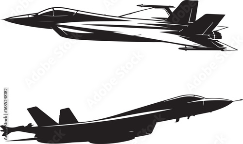 Two black silhouette fighter jets in dynamic flight poses Keywords: fighter jet, airplane