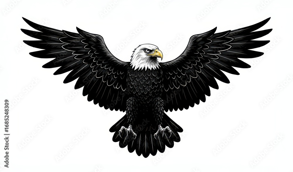 Obraz premium Majestic Eagle in Flight: A striking graphic of a bald eagle soars, its wings outstretched in a display of freedom, power, and national pride. The image embodies the strength and independence