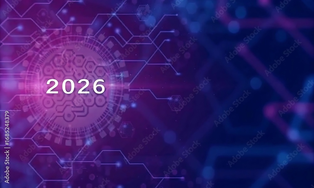 Fototapeta premium Futuristic 2026 Digital Technology Circuit Board Background in Purple Blue Neon