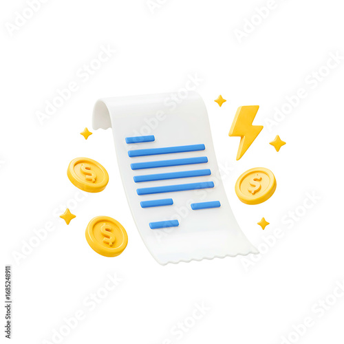 3d illustration of a utility bill with coins and lightning bolt isolated on transparent background