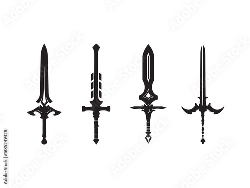 Sword Silhouette Vector Icon Collection Featuring Four Unique Minimal Designs