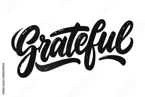 Bold Black Grateful Typography Design on White Background, Elegant Handwritten Style