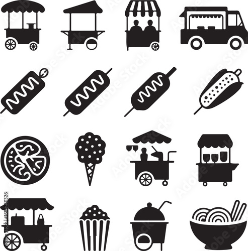 Assortment of food carts and street food items in black silhouette hot dog corn dog