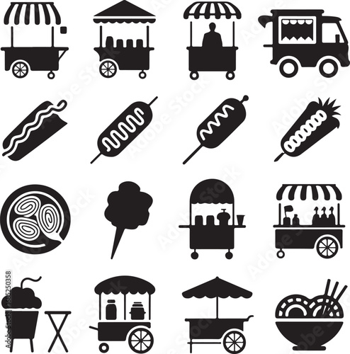 Diverse food carts and street food symbols in black silhouette hot dog corn dog