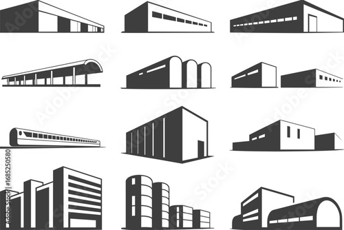 Modern warehouse, factory, industrial building icon set, commercial architecture, vector silhouette, storage facility, logistic terminal, production plant illustration