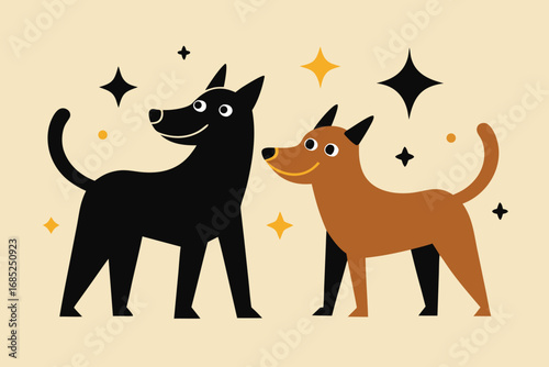 Cartoon Style of a Black Dog and Brown Dog with Stars on Beige