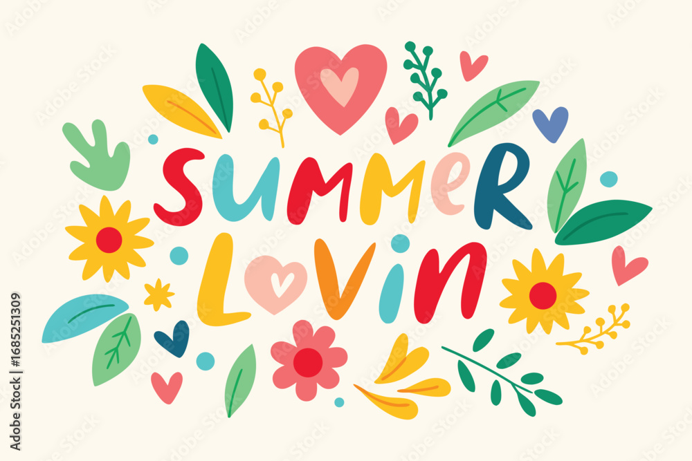 Obraz premium Cheerful Summer Lovin' with Colorful Hearts, Flowers, and Leaves on a Cream Background