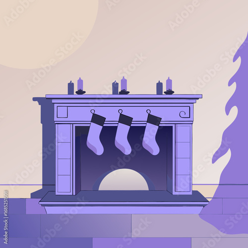 Fireplace with Christmas socks. Cozy fireplace with hanging stockings and candles in winter setting  
