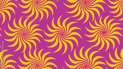Repeating Pattern Of Yellow Swirling Sunbursts On Purple background texture