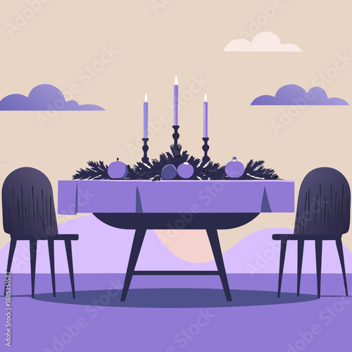 New Year’s table decor. Elegant dining table set for a festive gathering with candles  
