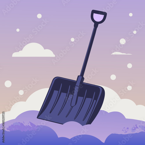 Shovel clearing snow. Snow shovel resting on snow-covered ground under pastel sky  