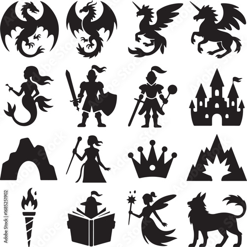 Fantasy creature and medieval icons silhouette collection on white Keywords: dragon, unicorn