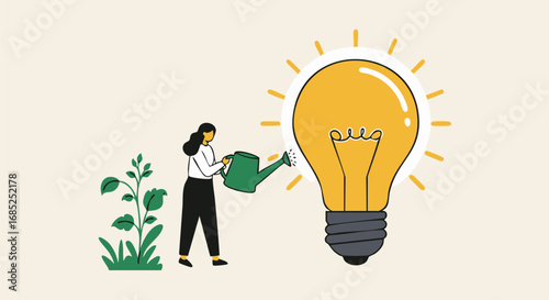 Woman waters plant near lightbulb representing growth and ideas in a bright setting