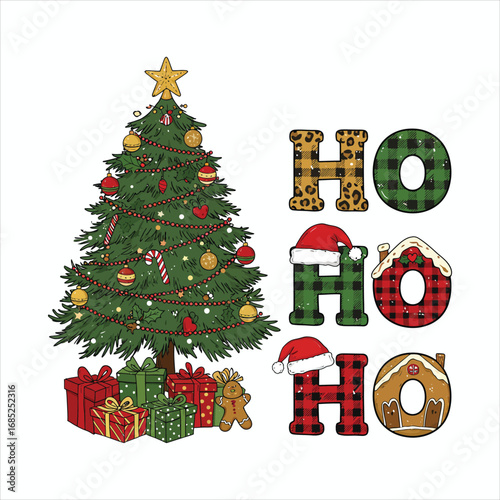 Ho Ho Ho Christmas Tree with Gifts and Santa Hat Typography