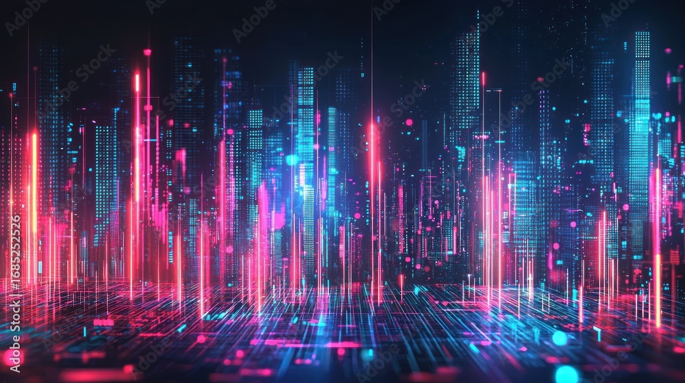 Obraz premium Futuristic cityscape with vibrant neon lights and digital lines.