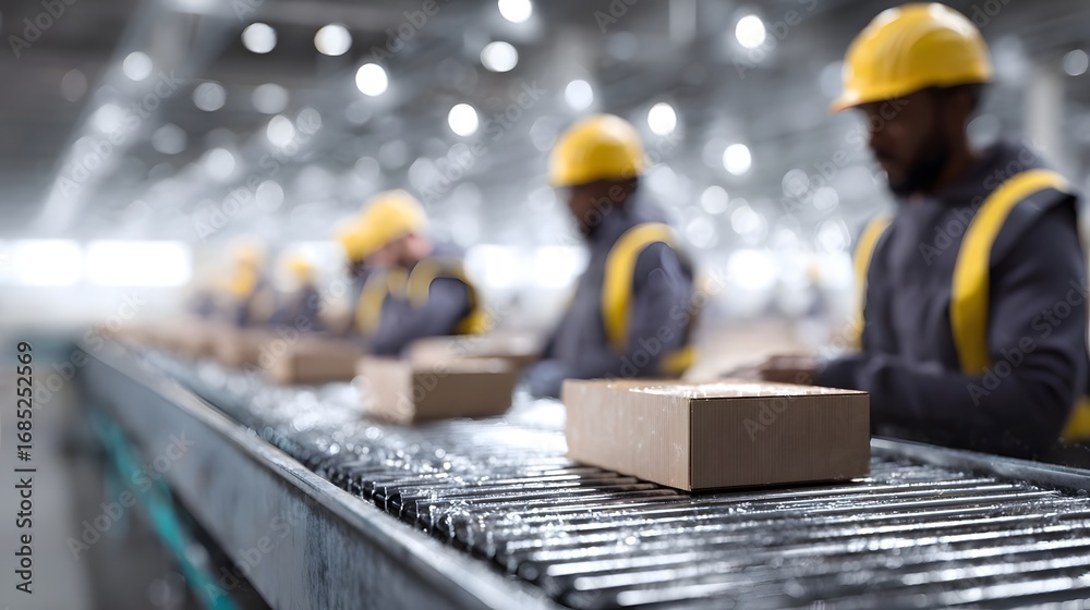 Fototapeta premium Workers in yellow hard hats and safety vests efficiently package products moving along an automated conveyor belt in a bustling industrial warehouse